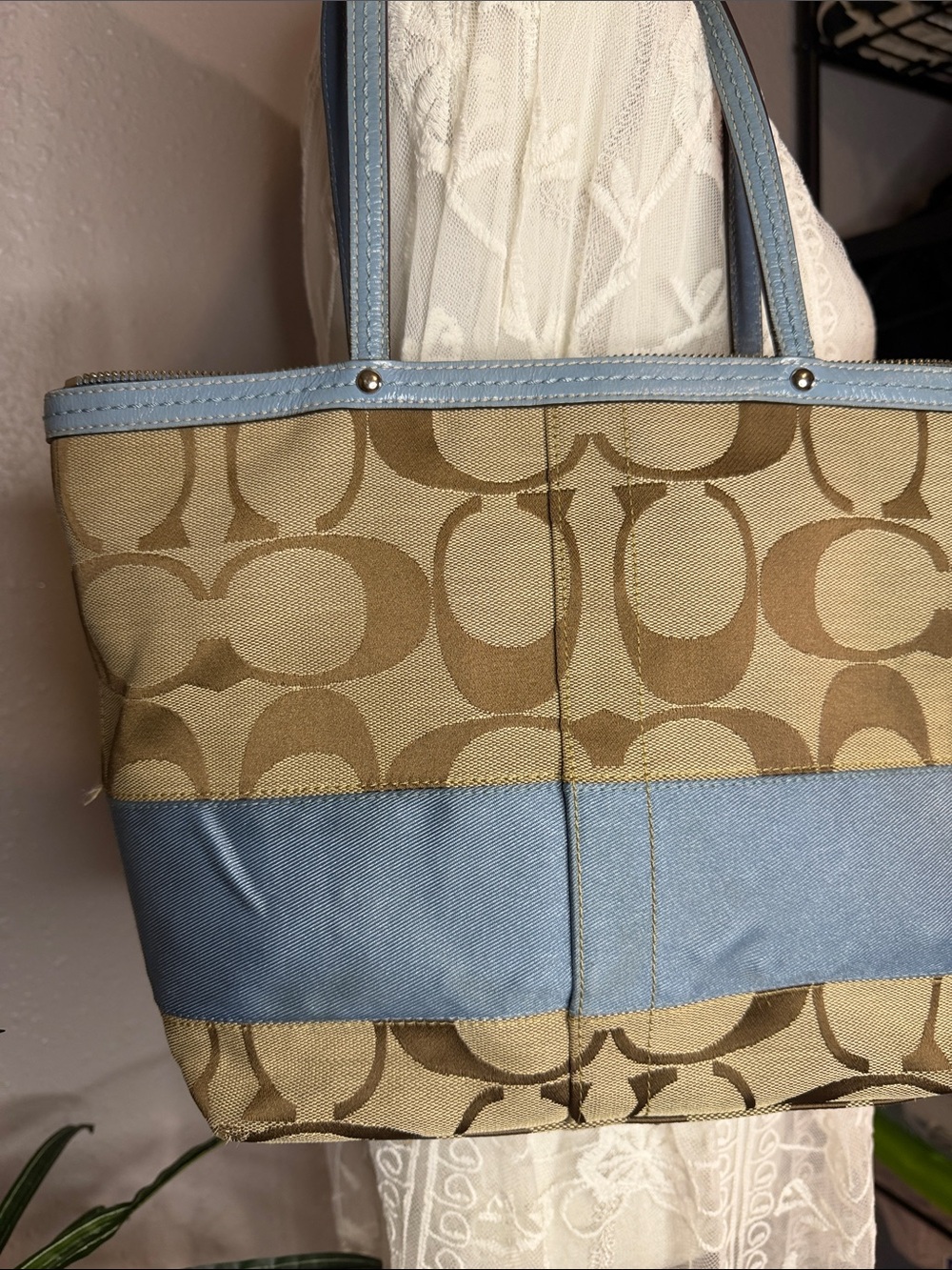 Coach Beige Signature Canvas Tote with Light Blue Trim - Picture 8 of 14
